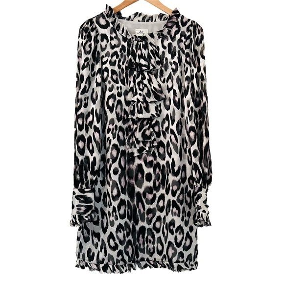 MILLY Silk Long Sleeve Ruffle Mini Dress in Leopard Print Size 4 - Picture 7 of 12